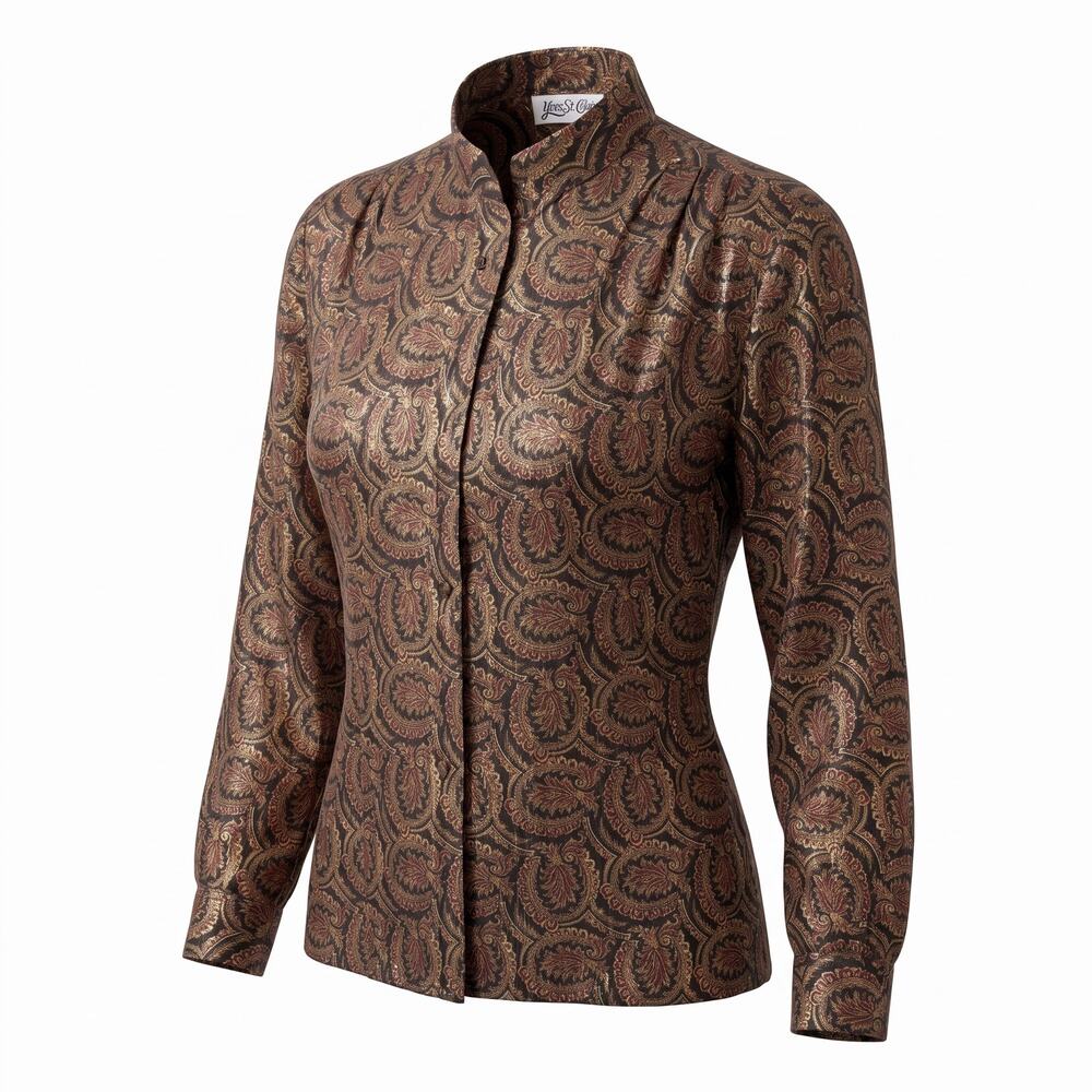 Vintage Yves St Clair Blouse Womens 12 Sheer Paisley Shoulder Pads Button Up